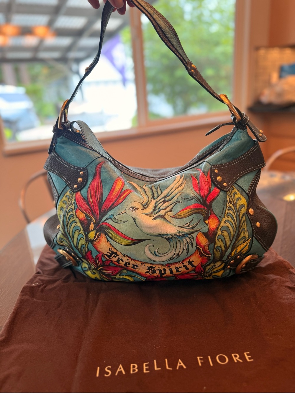 Isabella Fiore Oversized Y2K Free Spirit Bird Buckles Black Turquoise Bag